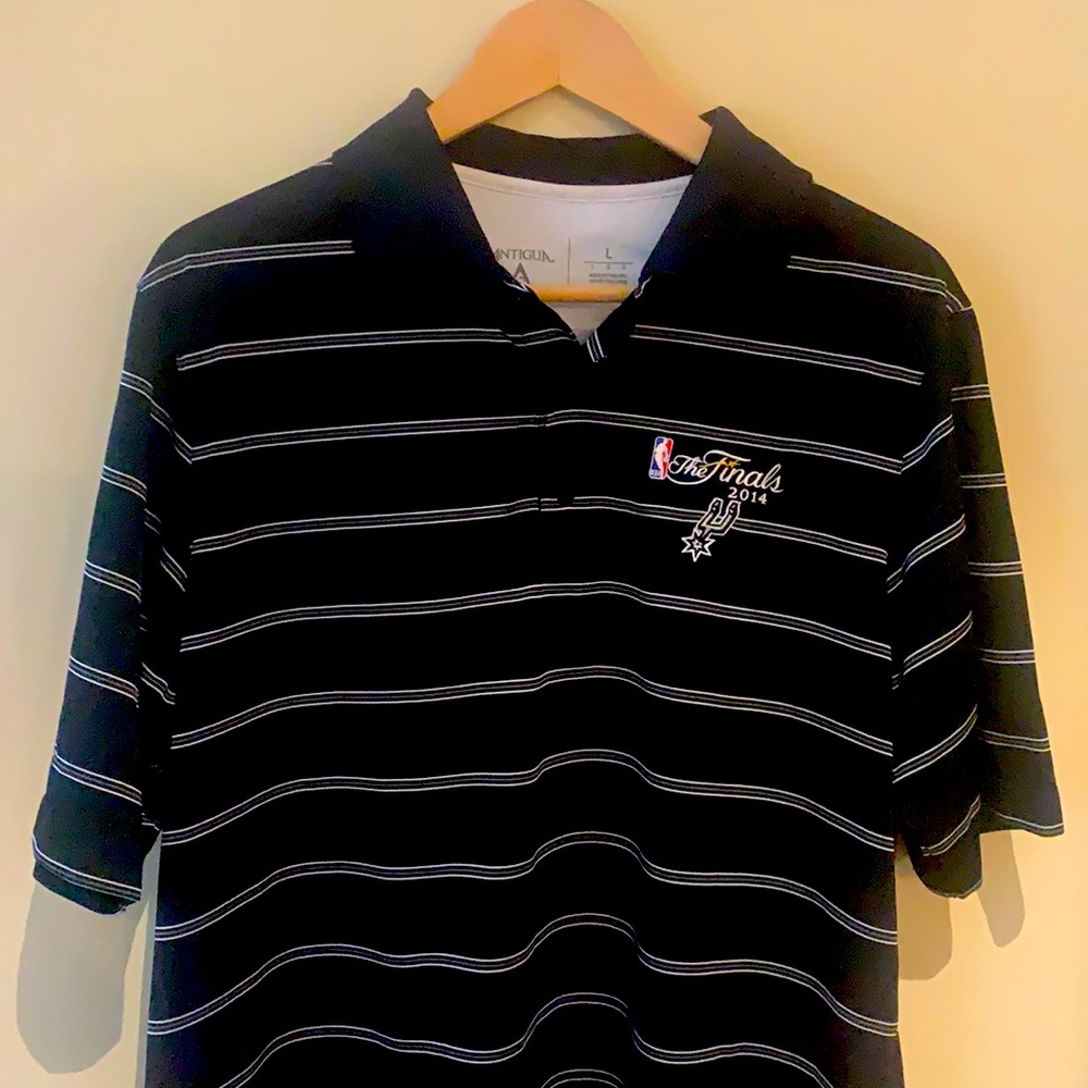 Antigua San Antonio Spurs Official 2014 NBA Finals Black Striped Polo L